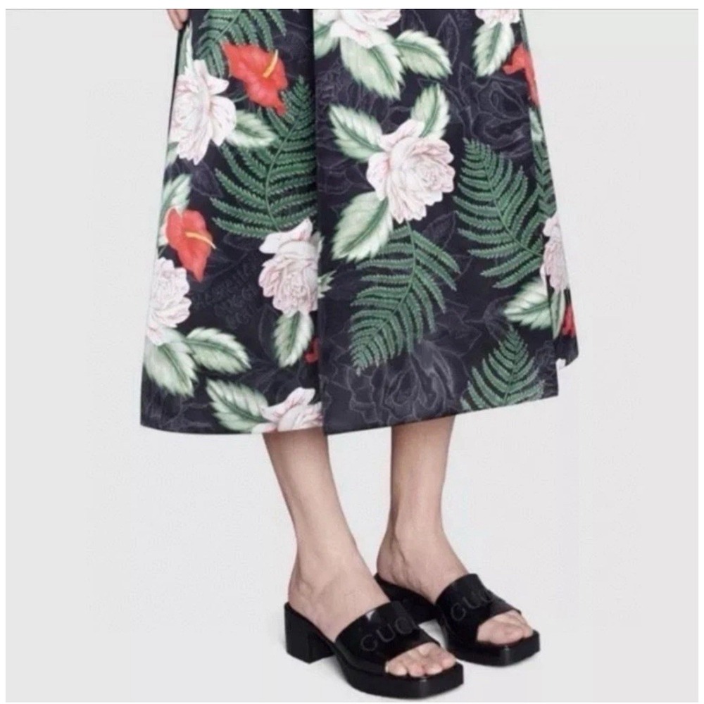 Black Platform Slide Sandals with Embossed Logo - Women
